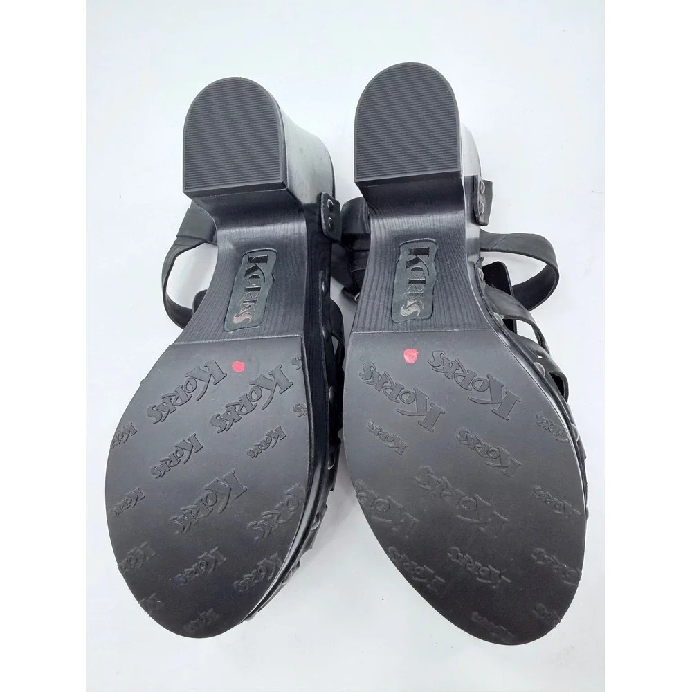 Korks Platform Sandals Womens 8 Black Leather Studded Wood Heel